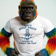 A person wearing a white t-shirt with a graphic of a monkey and text that reads 