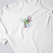 A white t-shirt with a colorful frog graphic and the word 