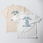two t-shirts with a humorous text design.