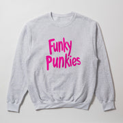 A grey sweatshirt with pink text that says 