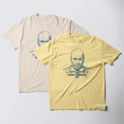 two t-shirts with different designs. The t-shirt on the left has a simple graphic of a bald man's face, while the t-shirt on the right has a text design that reads 