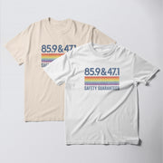 Two t-shirts with the same design, one white and one beige, both featuring the text 