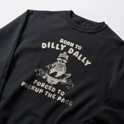 A black sweatshirt with a white graphic design on it. The design features a cartoon character wearing a hat and holding a fishing rod, with the text 