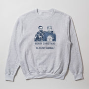 A gray sweatshirt with a graphic design featuring two men and a dog, along with the text 