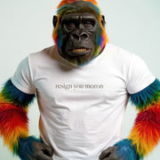 A monkey with colorful fur is wearing a white t-shirt with the text 
