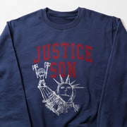 A navy blue sweatshirt with a graphic design featuring the Statue of Liberty and the text 