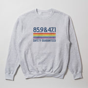 A gray sweatshirt with a graphic design on it.