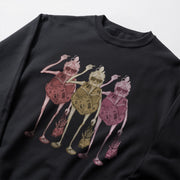three stylized human figures, each carrying a bag, arranged in a row on a black background.