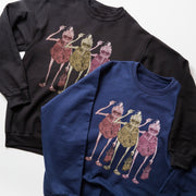 two sweatshirts with a unique design of three cartoon-like figures in different colored outfits.