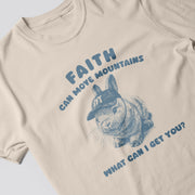 A t-shirt with a graphic design featuring a rabbit wearing a baseball cap and the text 