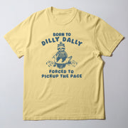 A yellow t-shirt with a graphic design featuring a cartoon raccoon character and text that reads 