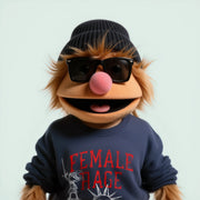 A cartoon character with a pink nose, wearing sunglasses and a blue sweater with the text 