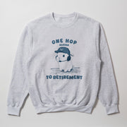 A gray sweatshirt with a graphic design depicting a rabbit wearing a baseball cap and the text 