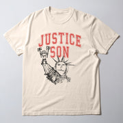 A white t-shirt with a graphic design featuring the Statue of Liberty and the text 