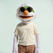 A plush toy or character wearing sunglasses and a t-shirt with the text 