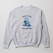 A gray sweatshirt with a blue graphic design depicting a panda bear on a skateboard, along with the text 