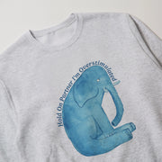A gray sweatshirt with a blue elephant graphic and the text 