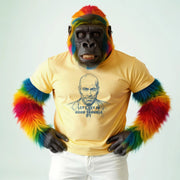 A person wearing a yellow t-shirt with a graphic of a man's face and the text 
