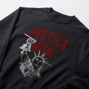A black sweatshirt with a graphic design featuring a cartoon character and the text 