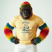 A person wearing a yellow t-shirt with a graphic of a panda and the text 