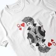 A white t-shirt with a graphic design depicting a woman with spiky hair and a crown, holding a red heart and a beer bottle.