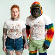 A woman with red hair wearing a white t-shirt with the text 