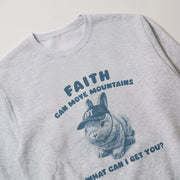 A gray sweatshirt with a graphic design featuring a rabbit wearing a baseball cap and the text 