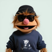 A cartoon character wearing sunglasses, a beanie, and a sweatshirt with a panda graphic on it.