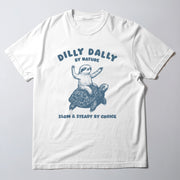 A white t-shirt with a graphic design featuring a sloth riding a turtle.