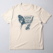 A t-shirt with a graphic design featuring a character wearing a mask and holding a knife, along with text that reads 