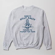 A gray sweatshirt with a graphic design featuring a cartoon raccoon and the text 