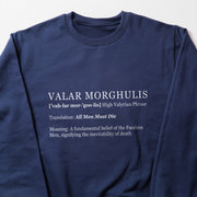 a navy blue long-sleeved shirt with white text printed on it. The text reads 