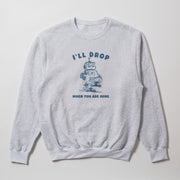A gray sweatshirt with a graphic design depicting a robot and the text 