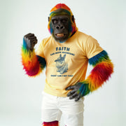 A person wearing a yellow t-shirt with a graphic of a cat and the text 