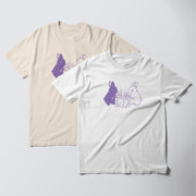 two t-shirts with a similar design, depicting two rabbits with a gift box.
