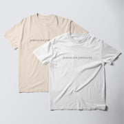 two t-shirts, one white and one beige, both with the same text printed on them.