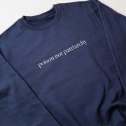 A navy blue sweatshirt with the text 