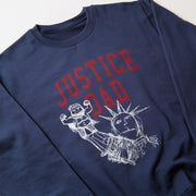 A navy blue sweatshirt with a graphic design featuring a cartoon character and the text 