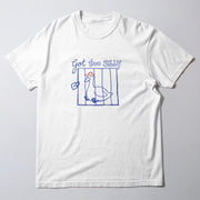 A white t-shirt with a graphic design depicting a cartoon duck inside a blue cage, accompanied by the text 