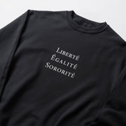 A black sweatshirt with white text printed on it.