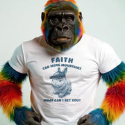 A monkey with colorful hair is wearing a white t-shirt with a graphic and text printed on it.
