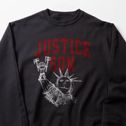 A black sweatshirt with a graphic design featuring a stylized depiction of the Statue of Liberty and the text 