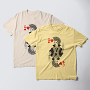 two t-shirts with a graphic design of a woman with spiky hair and a heart symbol on the front.
