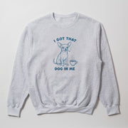 A gray sweatshirt with a graphic design depicting a dog and the text 