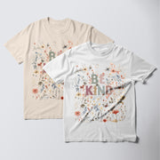 two t-shirts with floral designs and the text 