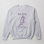 A gray sweatshirt with a purple graphic design depicting a frog wearing a witch's hat and holding a broom, along with the text 