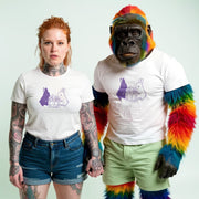 A woman with red hair and tattoos wearing a white t-shirt with a purple bunny graphic and a man dressed as a gorilla wearing a white t-shirt with a purple bunny graphic.