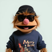 A cartoon character wearing sunglasses, a beanie, and a blue sweater with a Christmas-themed design.