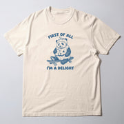 A white t-shirt with a graphic design featuring a panda wearing a helmet and riding a skateboard, along with the text 