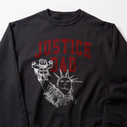 A black sweatshirt with a graphic design featuring a figure holding a flag and the text 